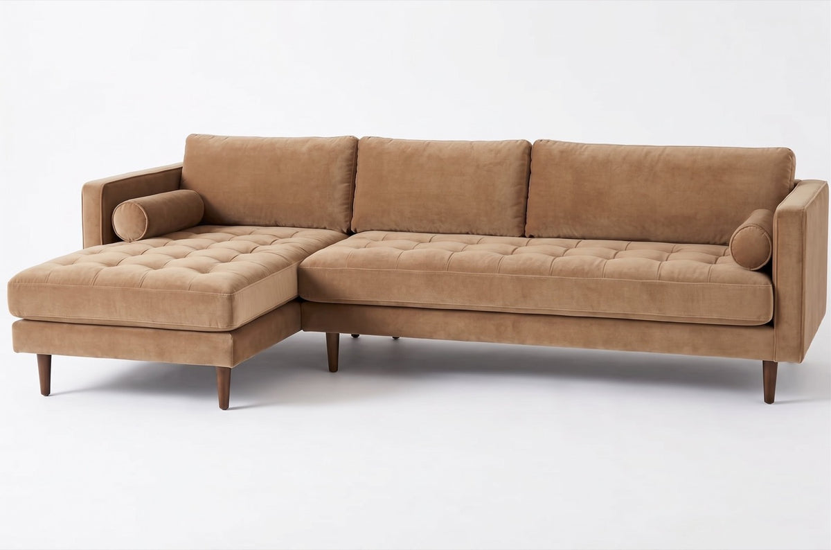 Sillón esquinero Bambú tapizado en pana antimanchas color Latte, sofá en L con chaise longue