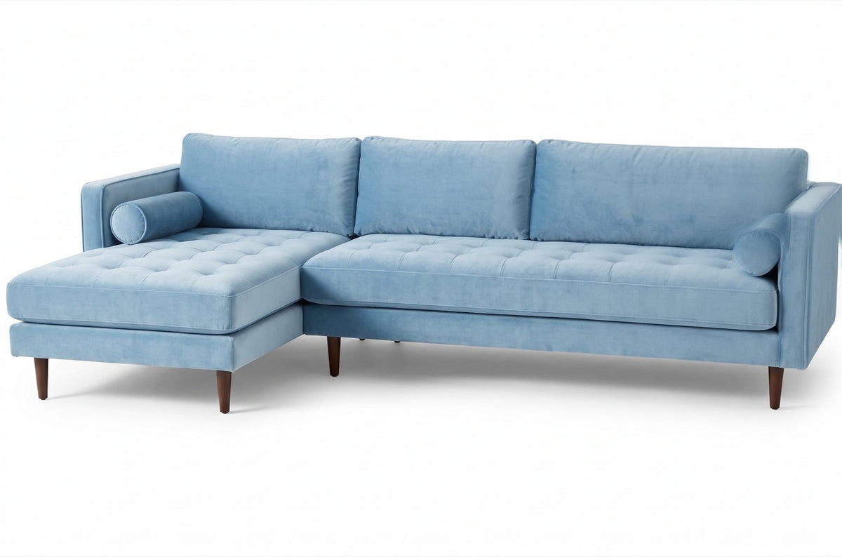 Sillón esquinero Bambú tapizado en pana antimanchas color Océano, sofá en L con chaise longue
