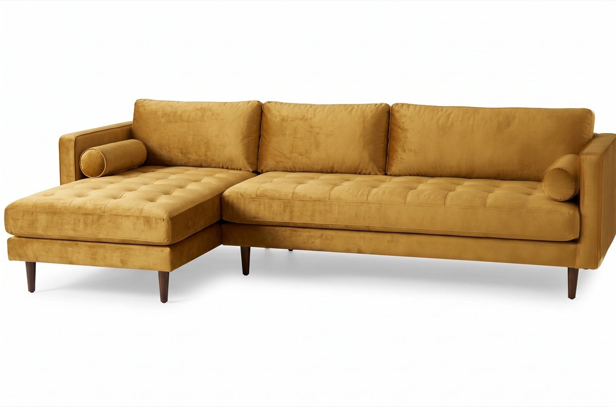 Sillón esquinero Bambú tapizado en pana antimanchas color Oro, sofá en L con chaise longue