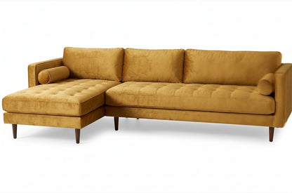 Sillón esquinero Bambú tapizado en pana antimanchas color Oro, sofá en L con chaise longue