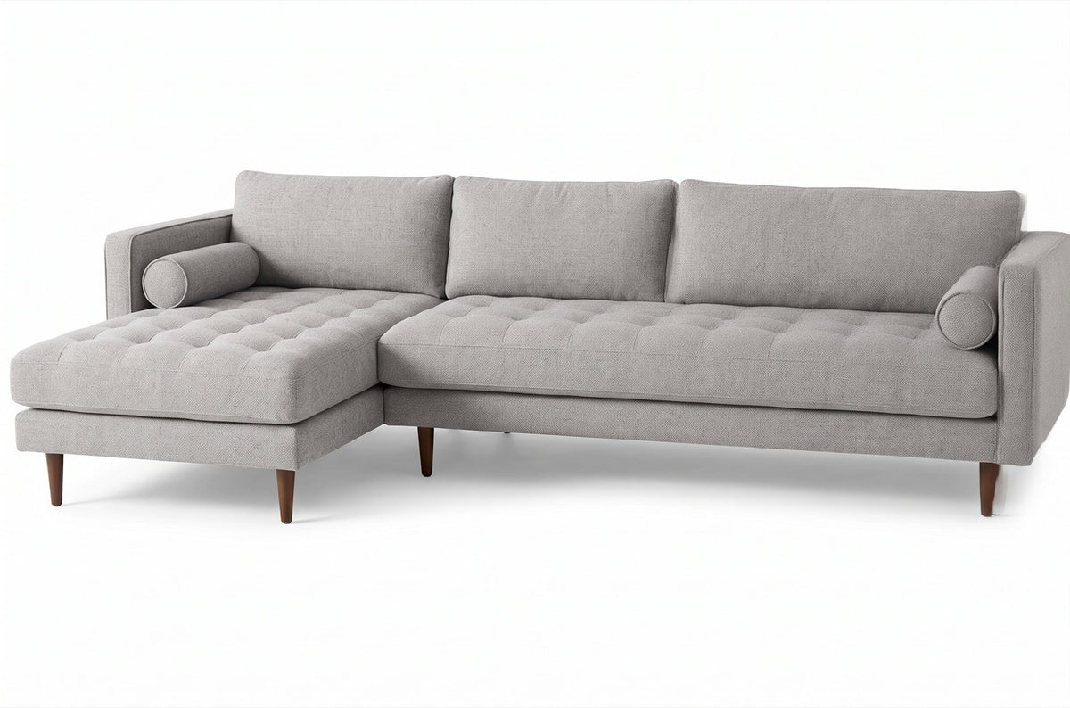 Sillón esquinero Bambú tapizado en pana antimanchas color Plata, sofá en L con chaise longue