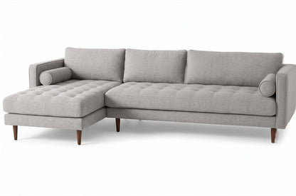 Sillón esquinero Bambú tapizado en pana antimanchas color Plata, sofá en L con chaise longue
