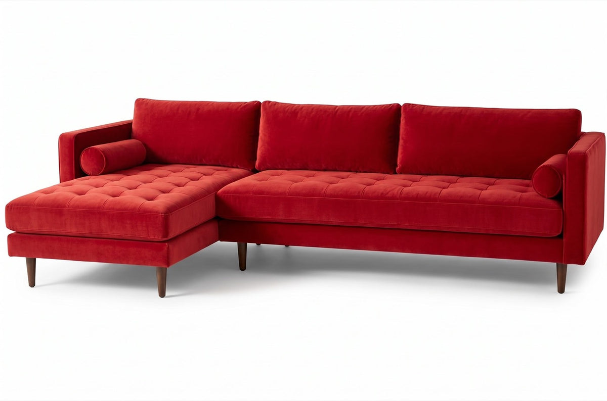 Sillón esquinero Bambú tapizado en pana antimanchas color Rojo, sofá en L con chaise longue