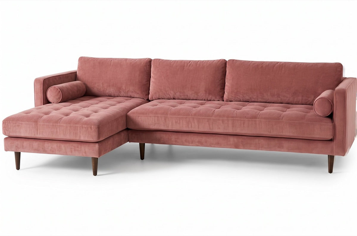 Sillón esquinero Bambú tapizado en pana antimanchas color Rosa, sofá en L con chaise longue