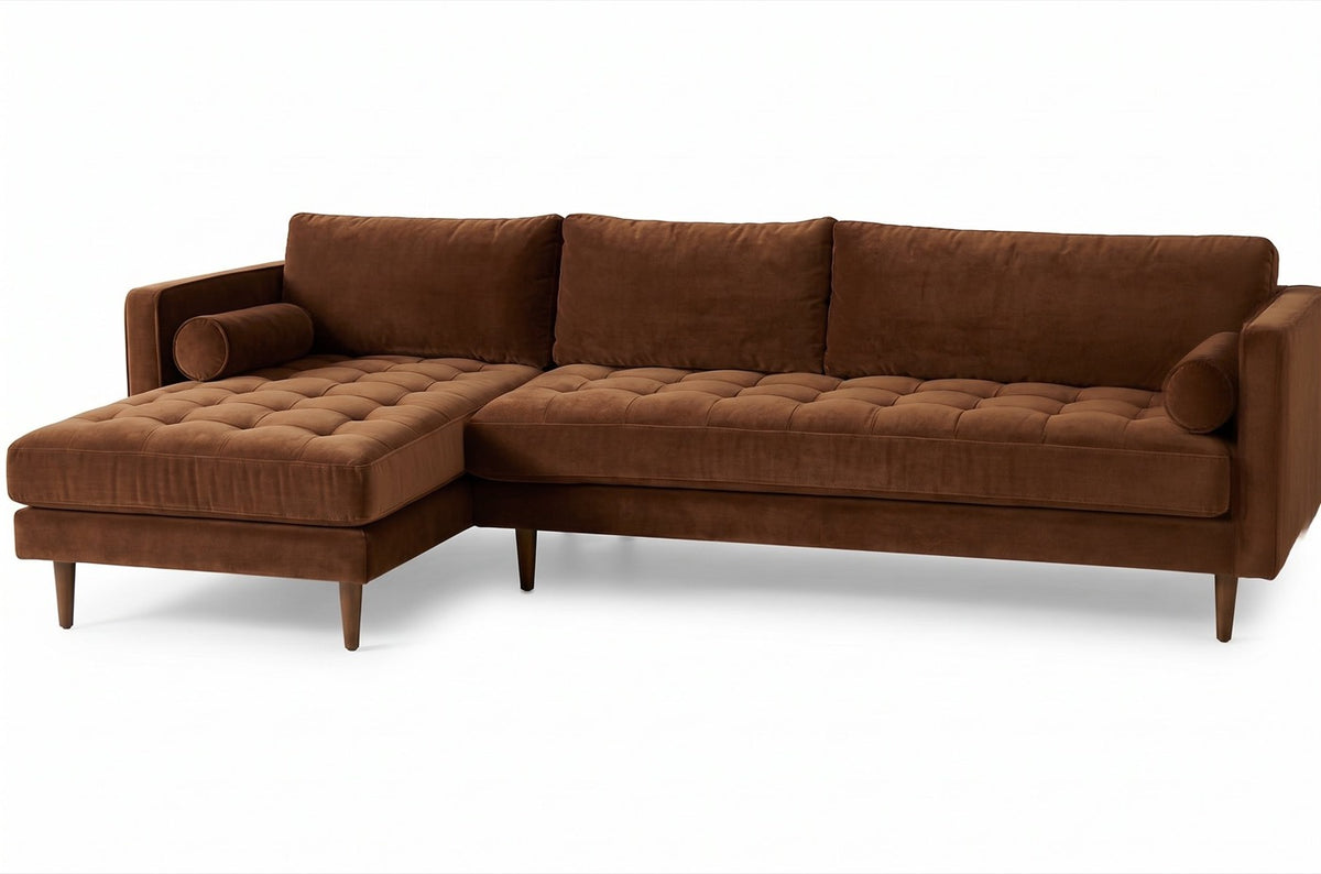 Sillón esquinero Bambú tapizado en pana antimanchas color Suela, sofá en L con chaise longue