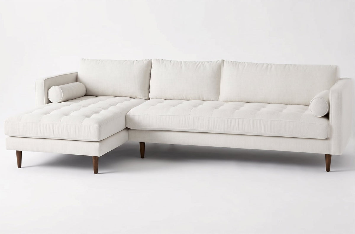 Sillón esquinero Bambú tapizado en pana antimanchas color Tiza, sofá en L con chaise longue