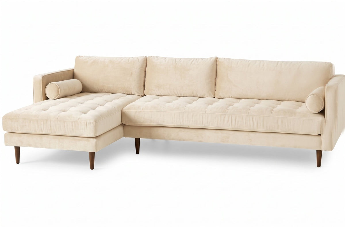 Sillón esquinero Bambú tapizado en pana antimanchas color Vainilla, sofá en L con chaise longue