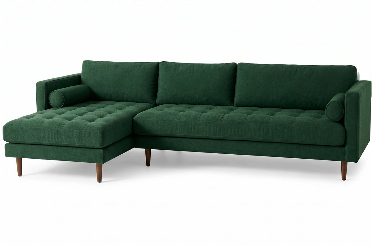 Sillón esquinero Bambú tapizado en pana antimanchas color Verde inglés, sofá en L con chaise longue