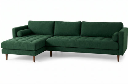 Sillón esquinero Bambú tapizado en pana antimanchas color Verde inglés, sofá en L con chaise longue