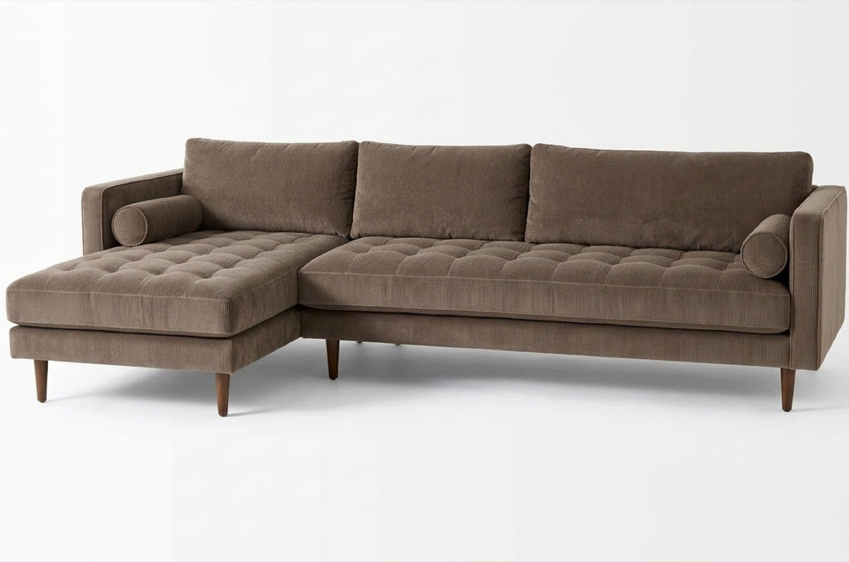 Sillón esquinero Bambú tapizado en pana antimanchas color Visón, sofá en L con chaise longue