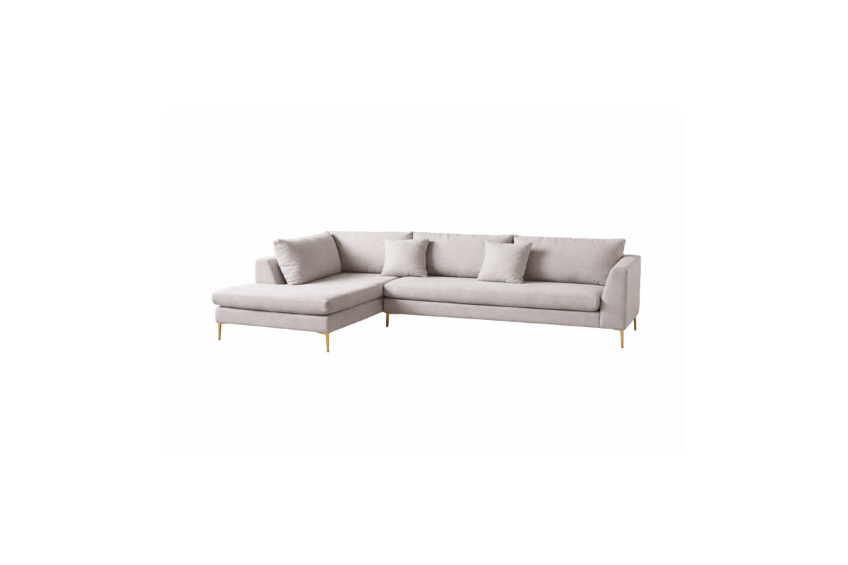Sillón esquinero Bélgica en gris claro con patas doradas, sofá en L nórdico de líneas rectas