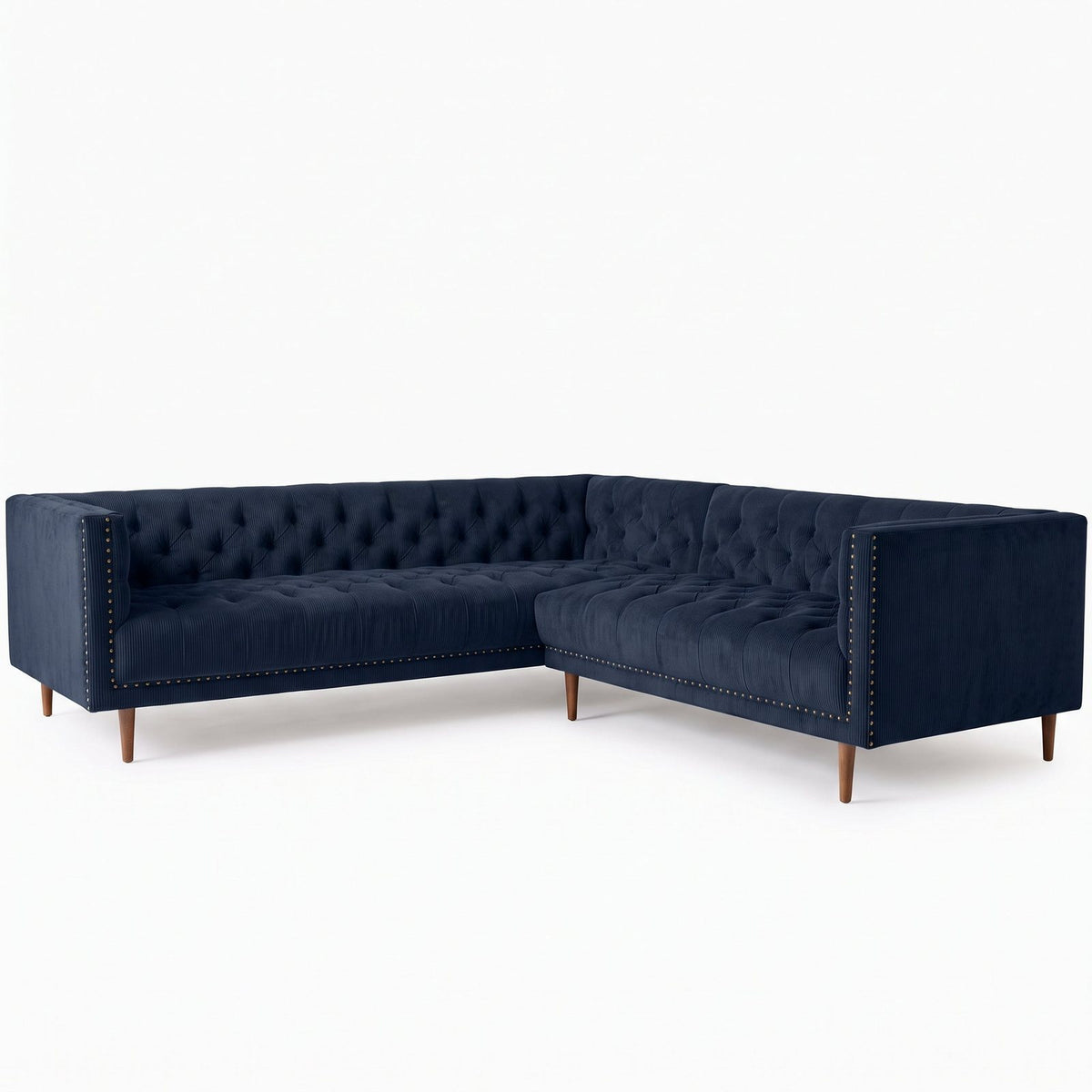 Sillón esquinero Bella Donna en pana antimanchas Azul, forma en L, capitoné, borde con tachas y patas de madera