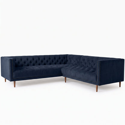 Sillón esquinero Bella Donna en pana antimanchas Azul, forma en L, capitoné, borde con tachas y patas de madera