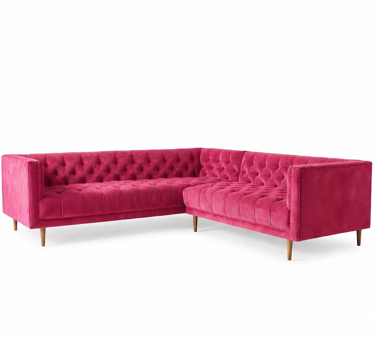 Sillón esquinero Bella Donna en pana antimanchas Chicle, forma en L, respaldo y asiento capitoné, patas de madera