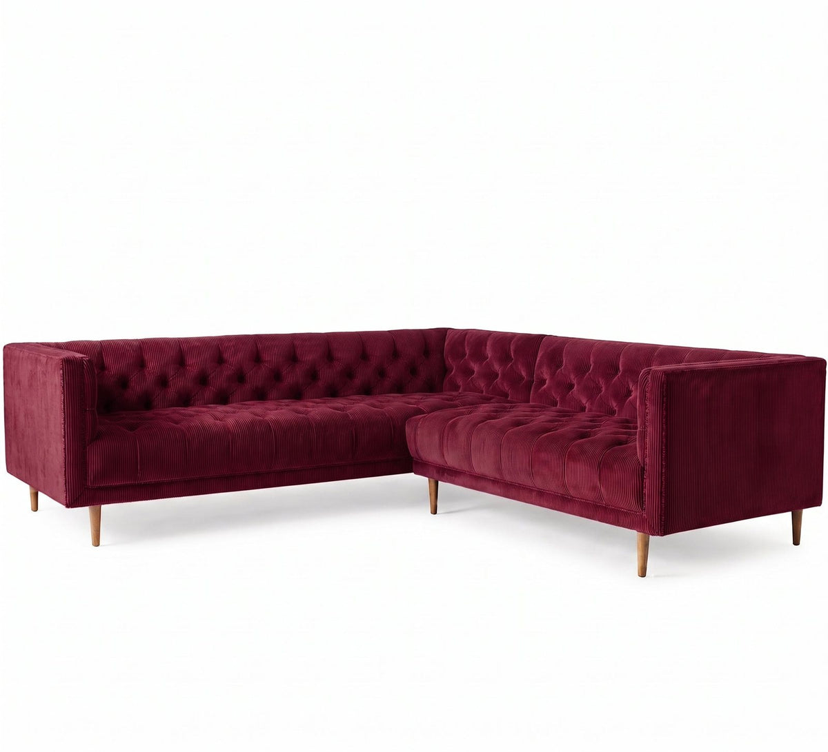 Sillón esquinero Bella Donna en pana antimanchas Obispo, forma en L, respaldo y asiento capitoné, patas de madera
