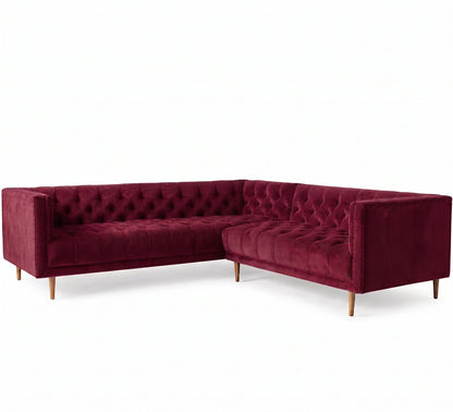 Sillón esquinero Bella Donna en pana antimanchas Obispo, forma en L, respaldo y asiento capitoné, patas de madera