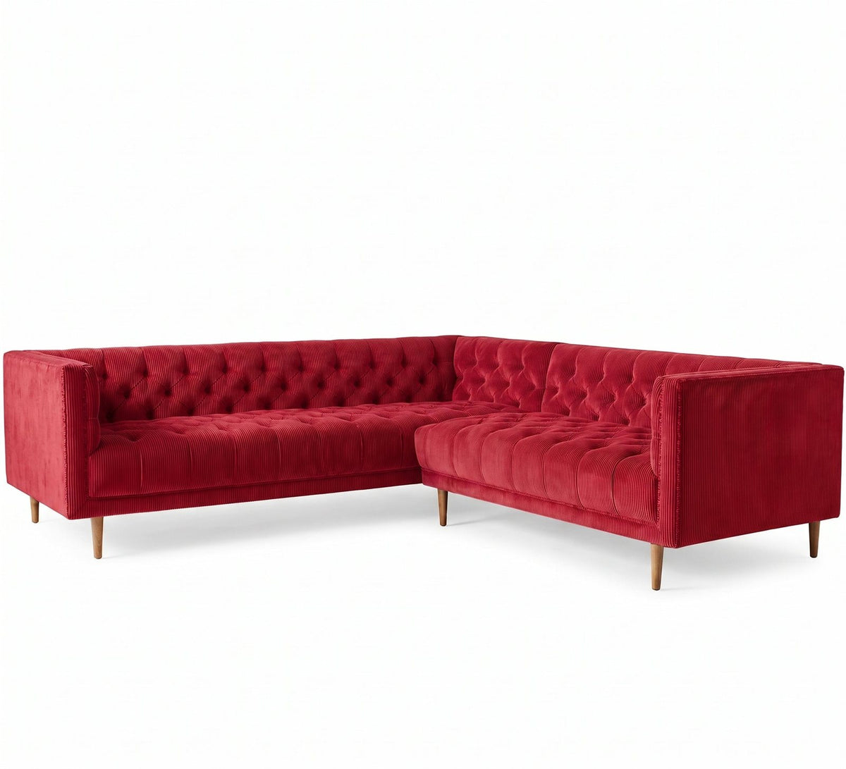 Sillón esquinero Bella Donna en pana antimanchas Rojo, forma en L, respaldo y asiento capitoné, patas de madera