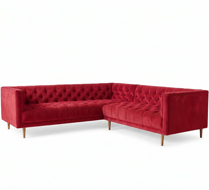Sillón esquinero Bella Donna en pana antimanchas Rojo, forma en L, respaldo y asiento capitoné, patas de madera