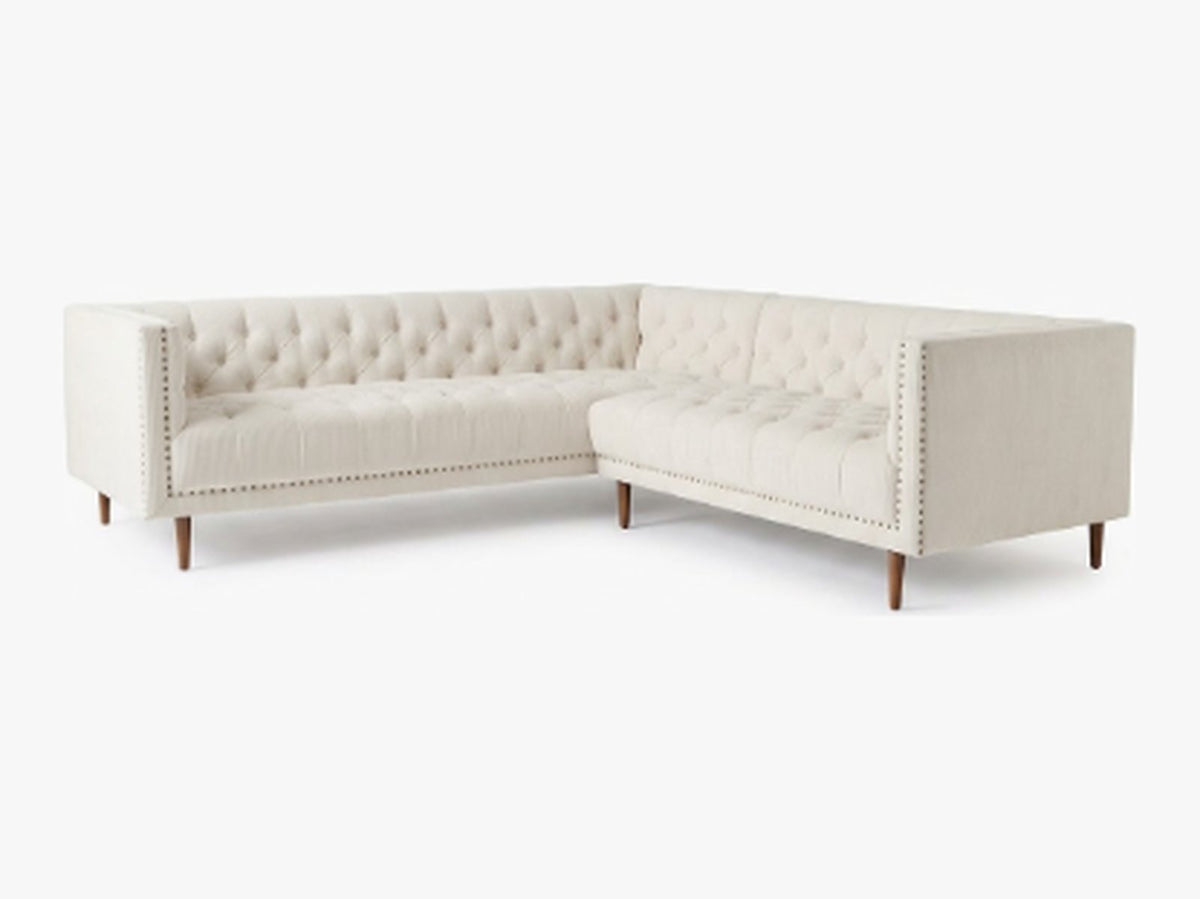 Sillón esquinero Bella Donna tapizado en pana antimanchas color Tiza, sofá en L con chaise longue