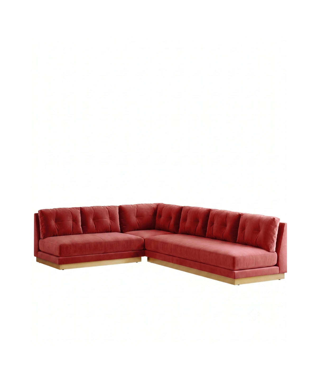Sillón esquinero Cardiff escandinavo, sofá en L rojo con base dorada – Tienda de Banquitos