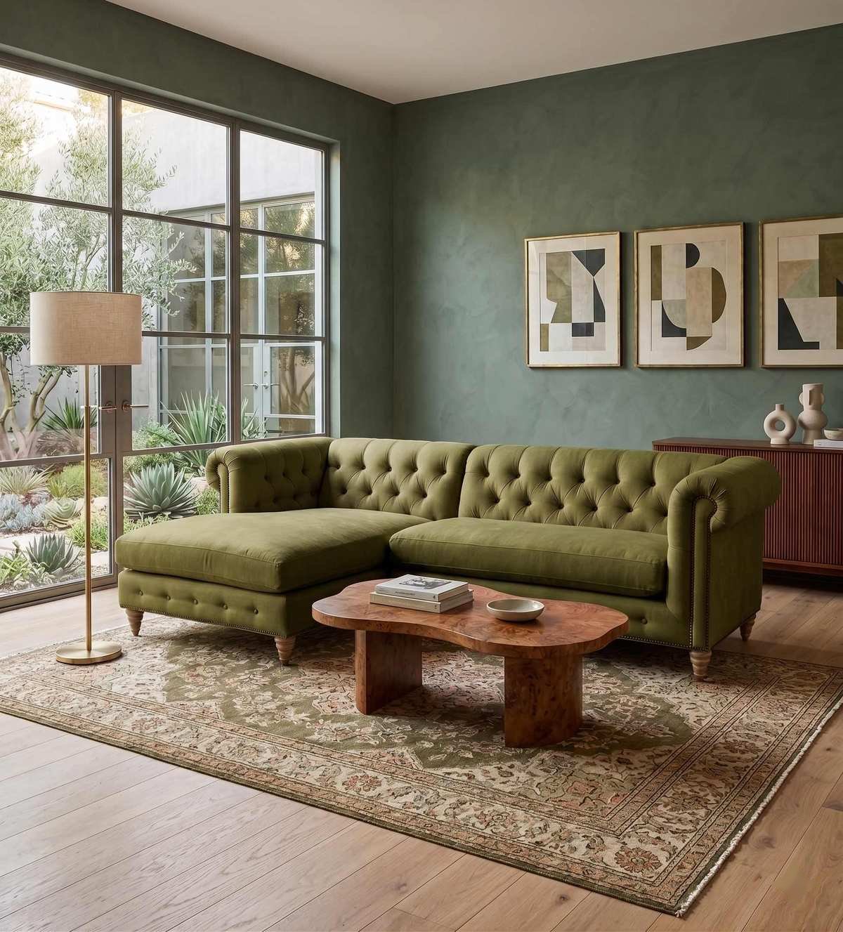 Sillón esquinero Chesterfield capitoné en verde oliva, en un living con ventanal