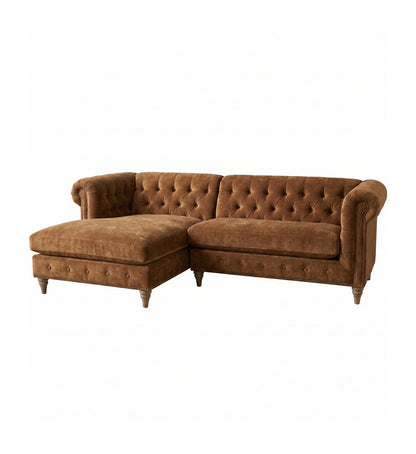 Sillón esquinero Chesterfield Capitoné color marrón, estilo señorial tapizado a medida – Tienda de Banquitos