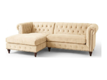 Sillón esquinero Chesterfield tapizado en pana antimanchas color Vainilla, sofá en L con chaise longue