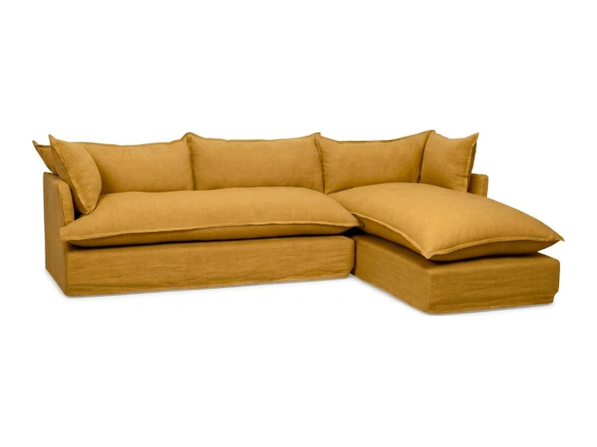 Sillón esquinero Comfy con funda de tussor 100% algodón color Gold, sofá en L con chaise longue