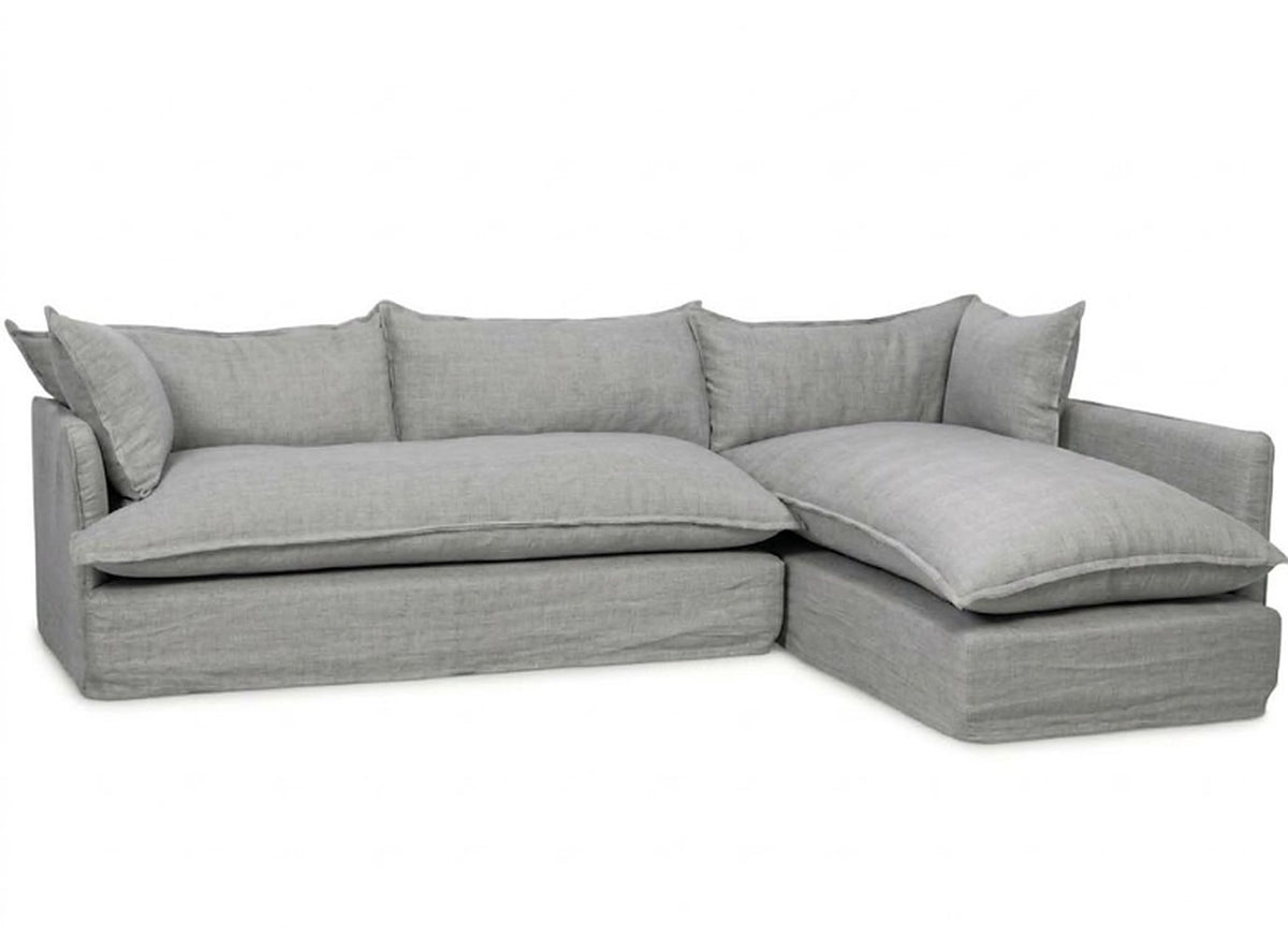 Sillón esquinero Comfy con funda de tussor gris, forma en L con chaise y almohadones de respaldo sueltos
