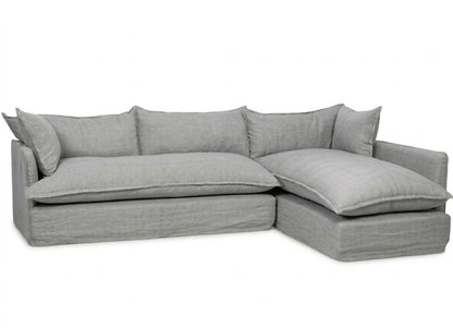 Sillón esquinero Comfy con funda de tussor gris, forma en L con chaise y almohadones de respaldo sueltos