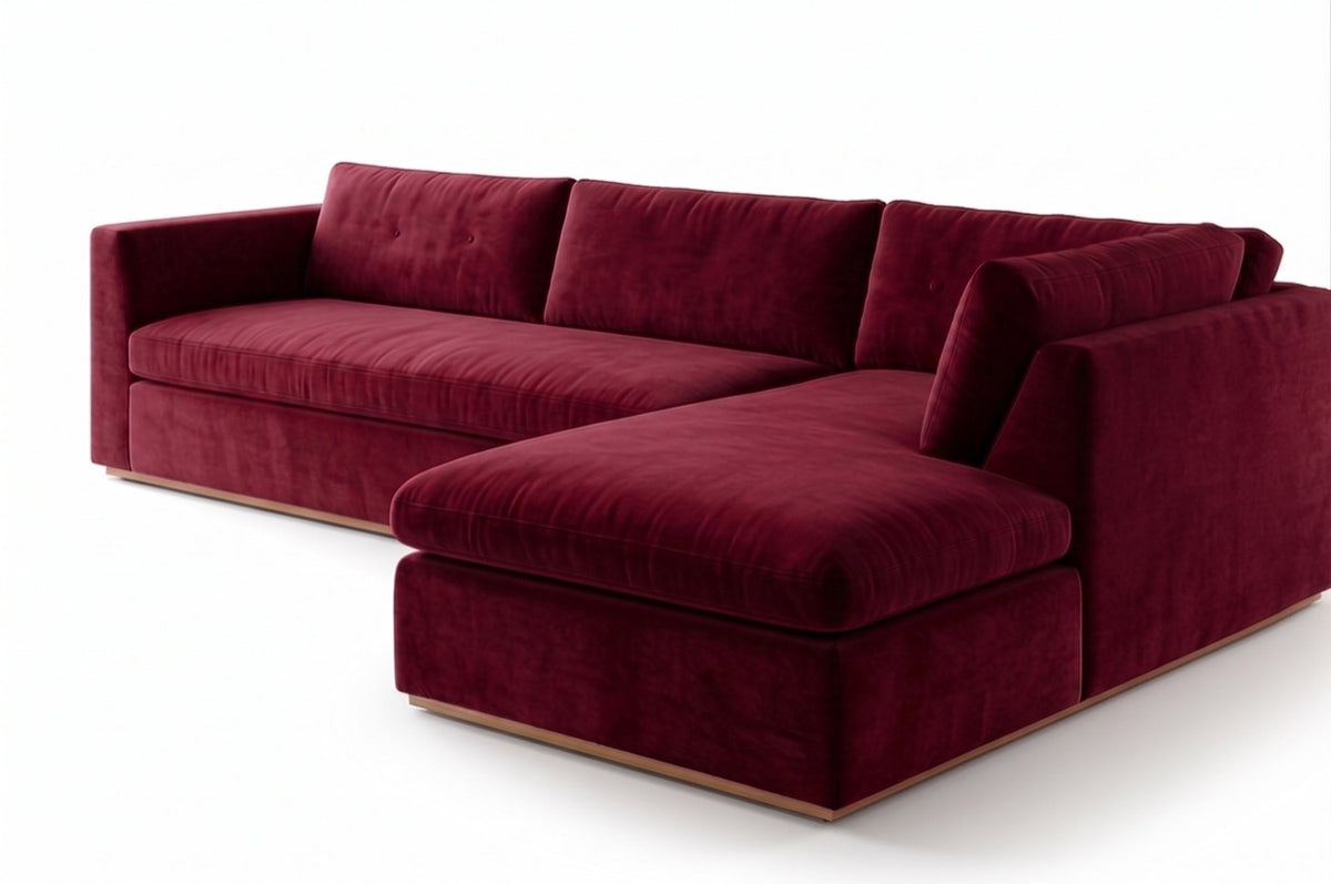 Sillón esquinero Cúrcuma tapizado en pana antimanchas color Bordó, sofá en L con chaise longue