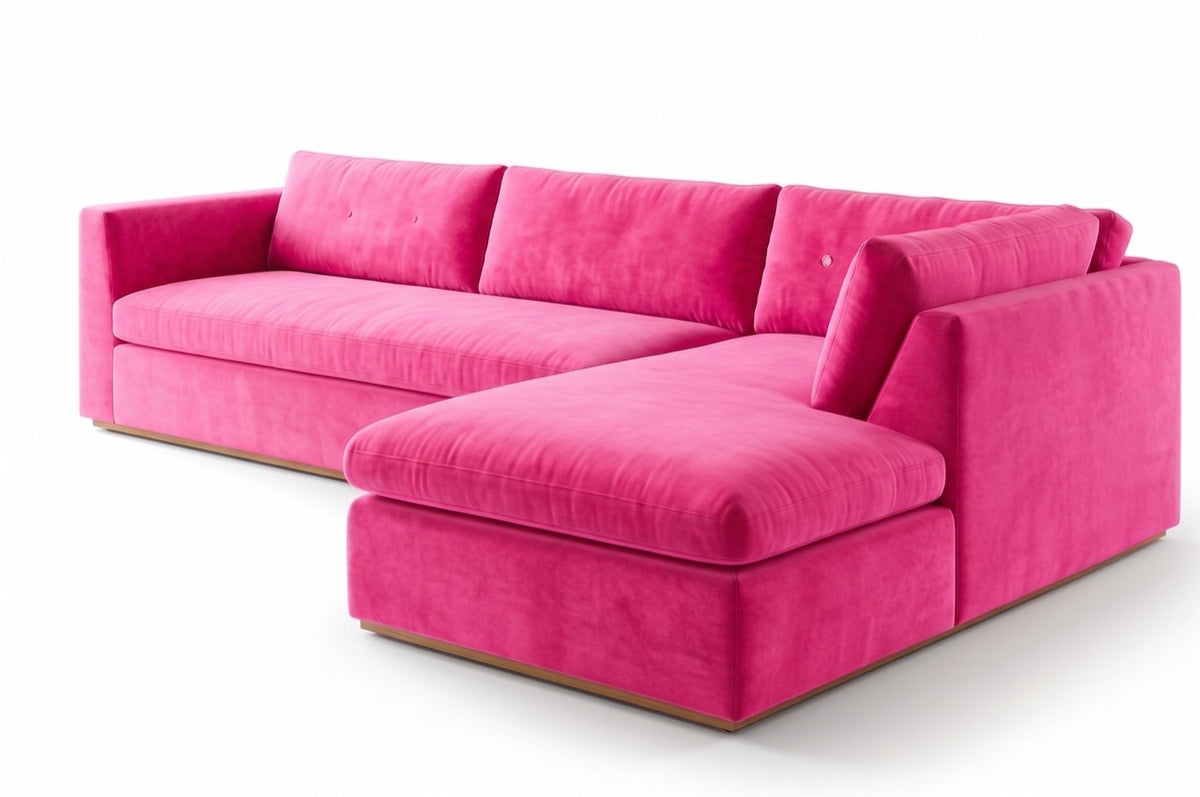 Sillón esquinero Cúrcuma tapizado en pana antimanchas color Chicle, sofá en L con chaise longue