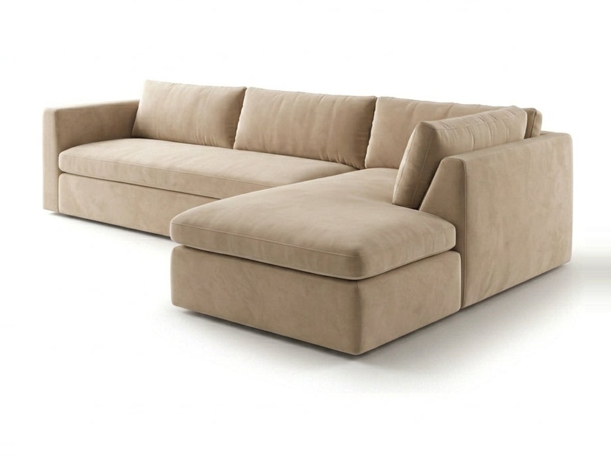 Sillón esquinero Cúrcuma tapizado en pana antimanchas color Latte, sofá en L con chaise longue