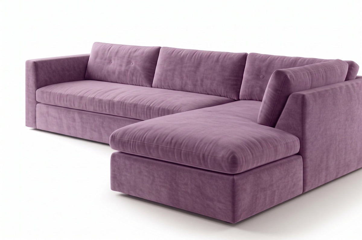 Sillón esquinero Cúrcuma tapizado en pana antimanchas color Obispo, sofá en L con chaise longue