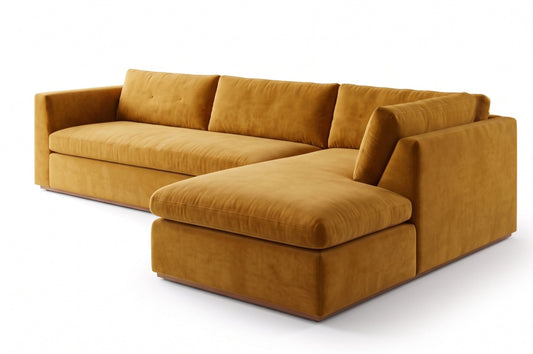 Sillón esquinero Cúrcuma tapizado en pana antimanchas color Oro, sofá en L con chaise longue