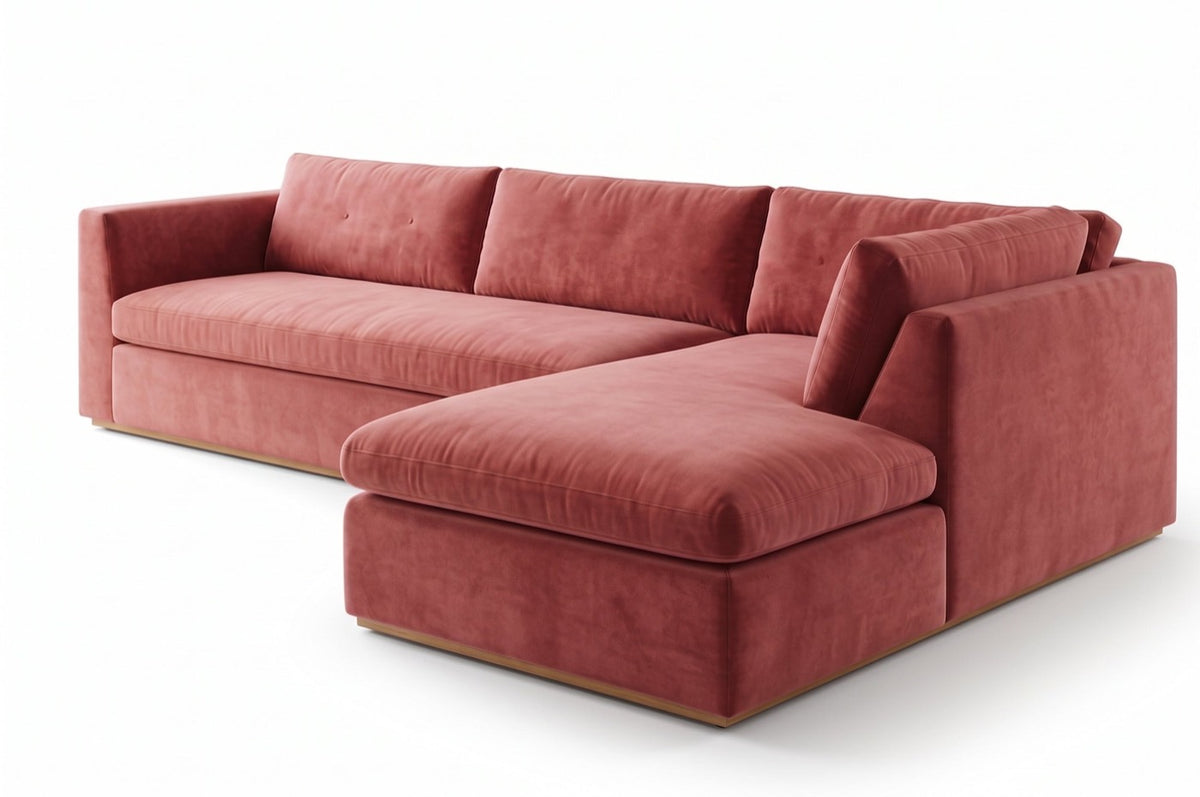 Sillón esquinero Cúrcuma tapizado en pana antimanchas color Rosa, sofá en L con chaise longue