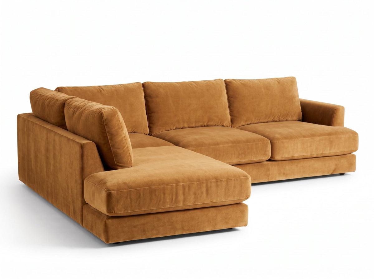 Sillón esquinero Elton tapizado en pana antimanchas color Gamuza, sofá en L con chaise longue