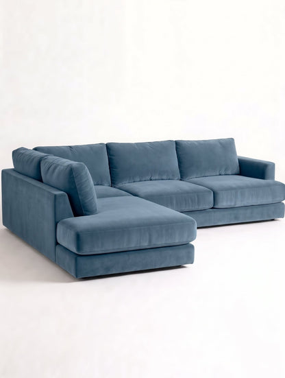 Sillón esquinero Elton tapizado en pana antimanchas color Océano, sofá en L con chaise longue