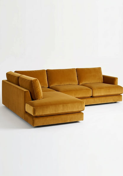 Sillón esquinero Elton tapizado en pana antimanchas color Oro, sofá en L con chaise longue