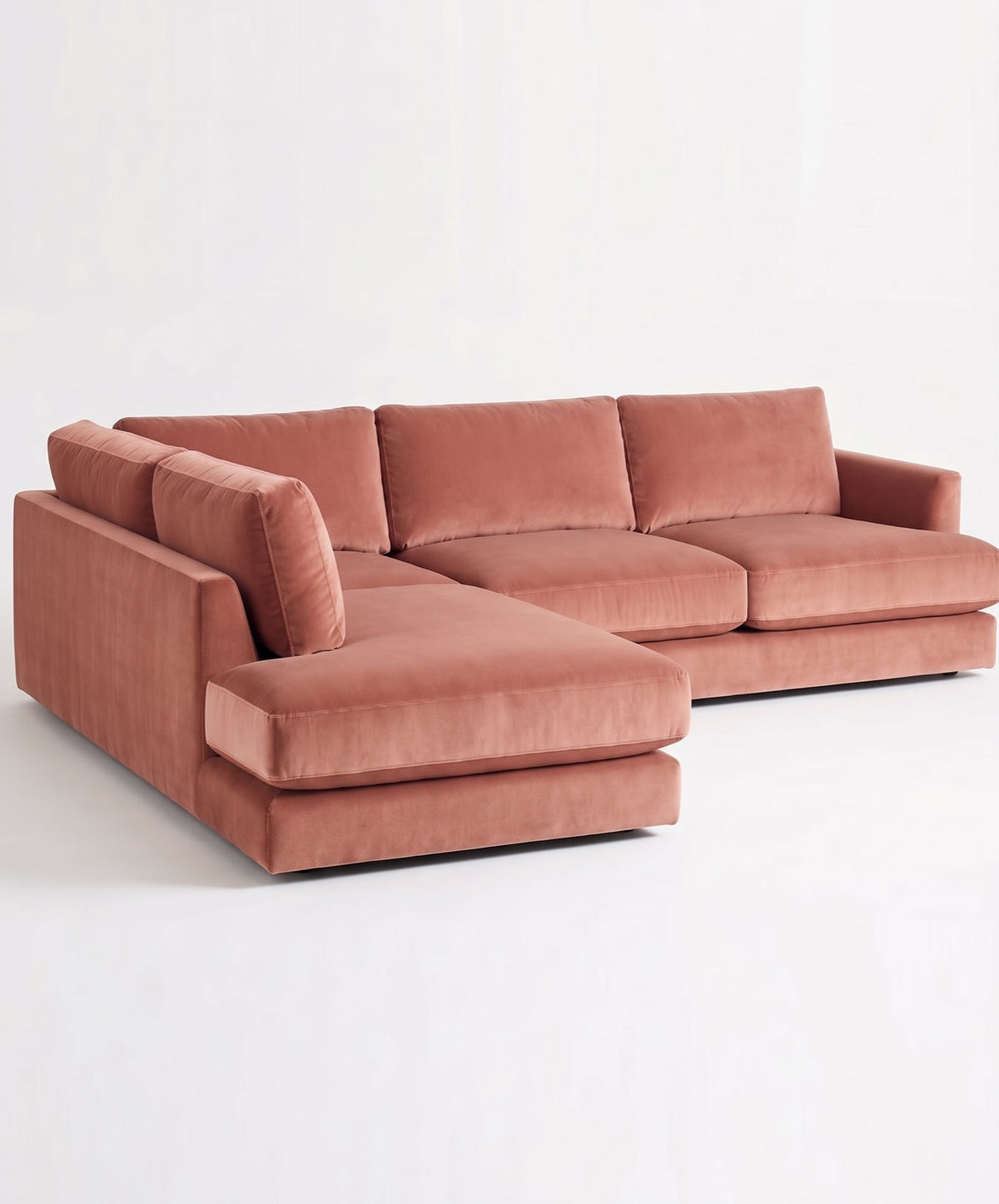 Sillón esquinero Elton tapizado en pana antimanchas color Rosa, sofá en L con chaise longue