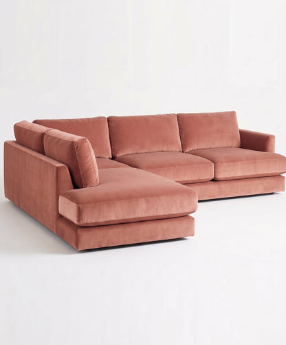 Sillón esquinero Elton tapizado en pana antimanchas color Rosa, sofá en L con chaise longue