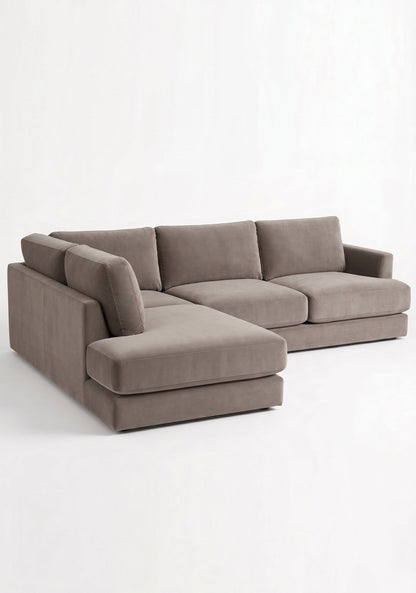 Sillón esquinero Elton tapizado en pana antimanchas color Stone, sofá en L con chaise longue