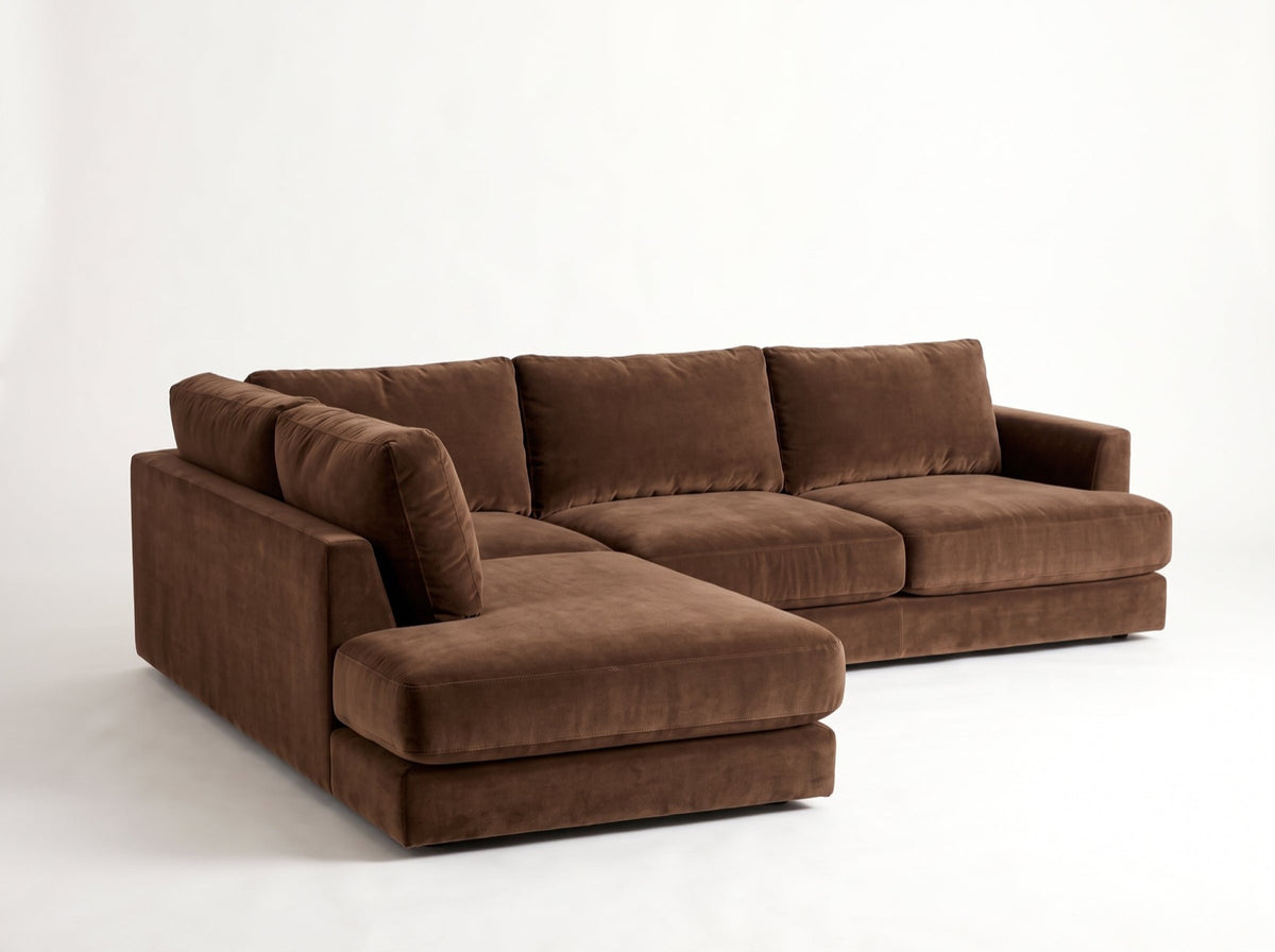 Sillón esquinero Elton tapizado en pana antimanchas color Suela, sofá en L con chaise longue