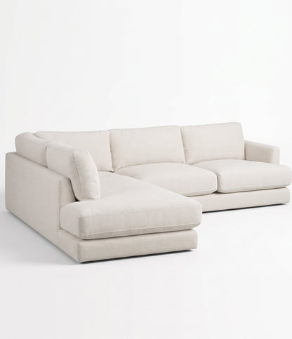 Sillón esquinero Elton tapizado en pana antimanchas color Tiza, sofá en L con chaise longue