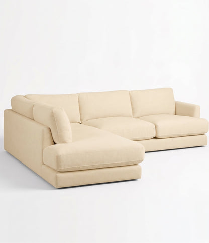 Sillón esquinero Elton tapizado en pana antimanchas color Vainilla, sofá en L con chaise longue