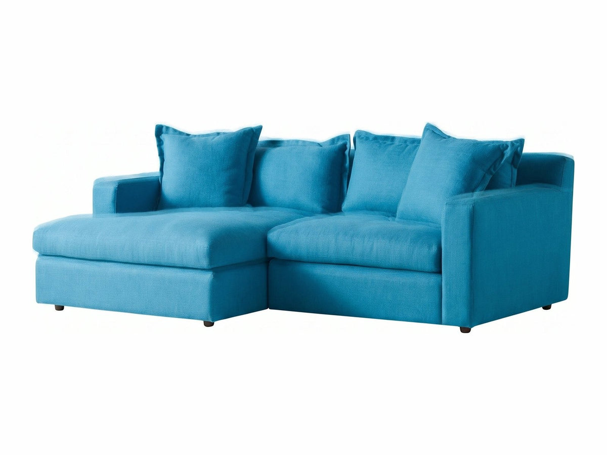 Sillón esquinero Enrique tapizado en pana antimanchas color Océano, sofá en L con chaise longue