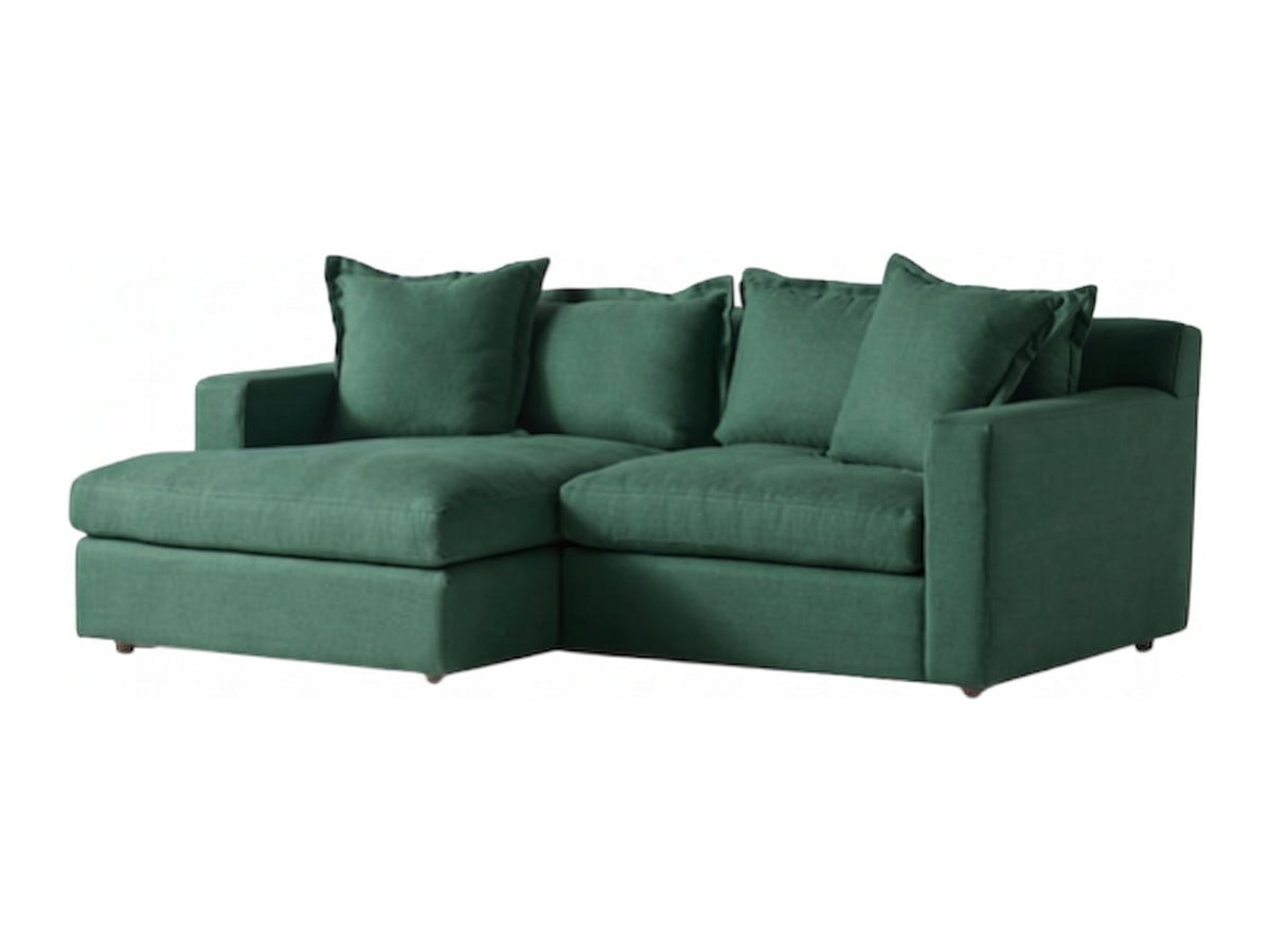 Sillón esquinero Enrique tapizado en pana antimanchas color Verde inglés, sofá en L con chaise longue