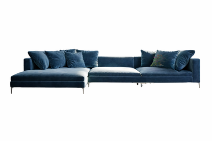 Render del Sillón esquinero Florence azul marino con almohadones sueltos, sobre fondo blanco