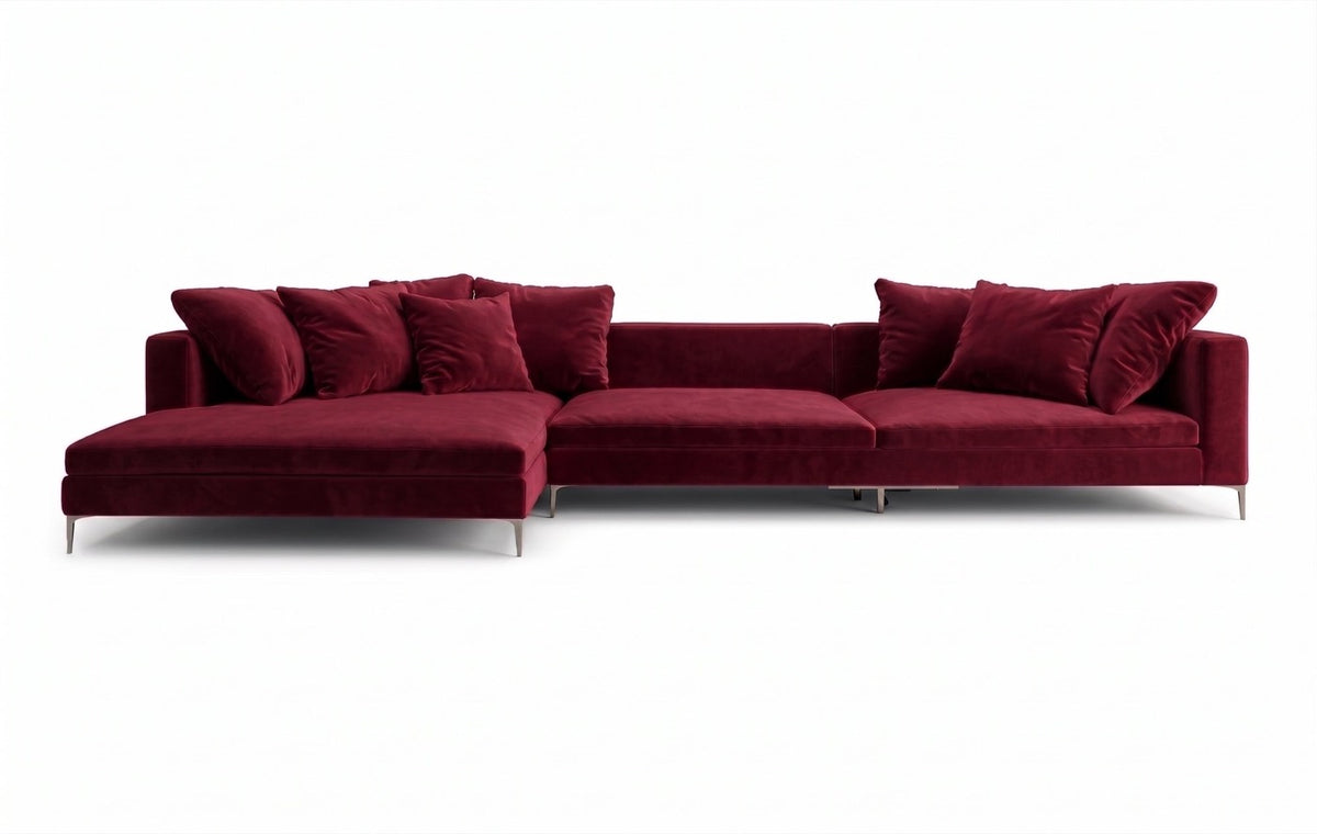 Sillón esquinero Florence tapizado en pana antimanchas color Bordó, sofá en L con chaise longue