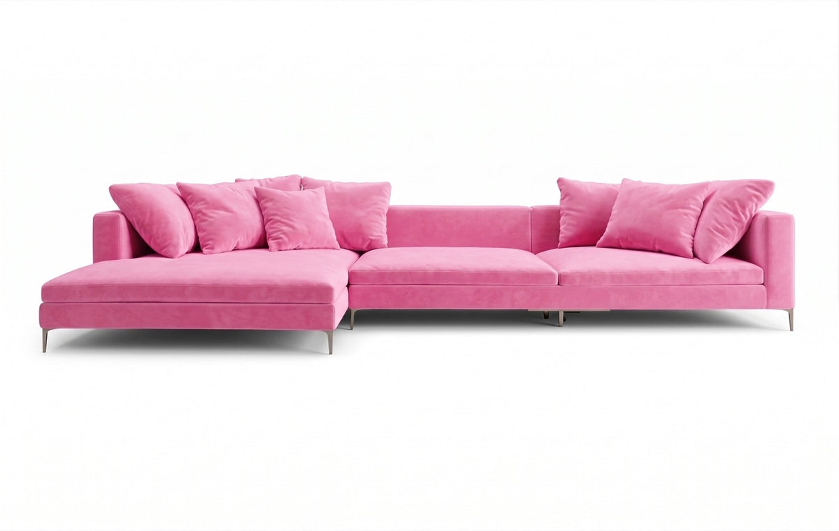 Sillón esquinero Florence tapizado en pana antimanchas color Chicle, sofá en L con chaise longue